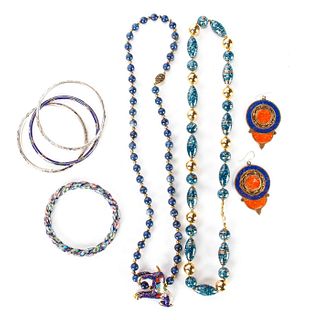 LAPIS AND ENAMEL BEADED NECKLACES WITH ANIMAL BENGALS