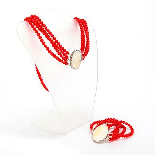 RED CORAL STYLE NECKLACE, BRACELET W. CAMEO CLASPS