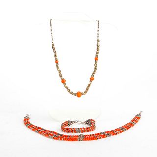 2 CORAL AND SILVER TONE METAL NECKLACES, BRACELET