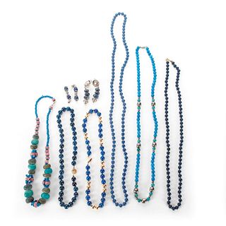 6 LAPIS BEADED NECKLACES WITH 2 EARRINGS