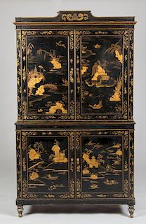EARLY VICTORIAN BLACK JAPANNED AND PARCEL-GILT CABINET