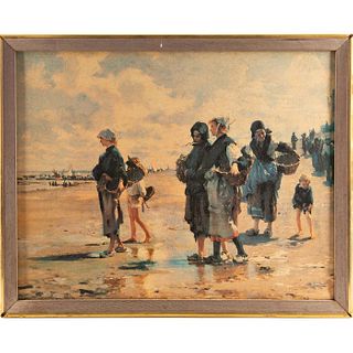 DUTCH PAINTING OF FAMILY AT THE SEASIDE