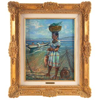PAINTING OF FISHERWOMAN BY THE SEASHORE