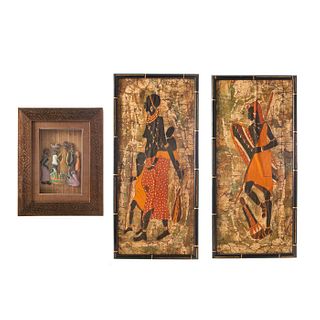 THREE AFRICAN WALL ART PIECES, TRIBAL PAIR AND PICTURE BOX