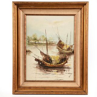 P WONG OIL PAINTING, JUNK BOAT HARBOR, SIGNED