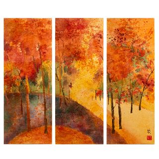 TRIPTYCH PAINTING, SUNDAY IN THE PARK