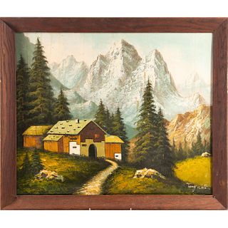 VINTAGE PAINTING OF MOUNTAINSIDE HOME