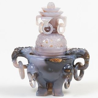 Chinese Carved Agate Censer and Cover