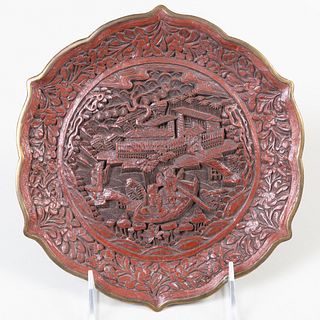 Chinese Brass-Mounted Cinnabar Barbed Dish