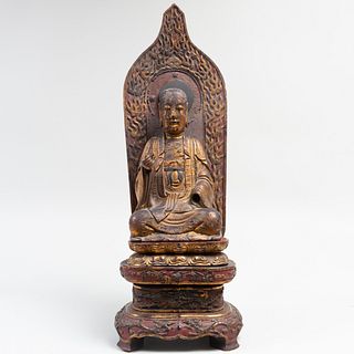 Japanese Gilt-Lacquered Wood figure of a Lohan on Stand