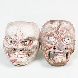 Two Japanese Carved Wood Masks