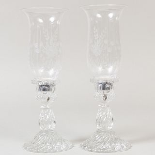Pair of St. Louis Molded Glass Candlesticks with Etched Glass Photophore Shades