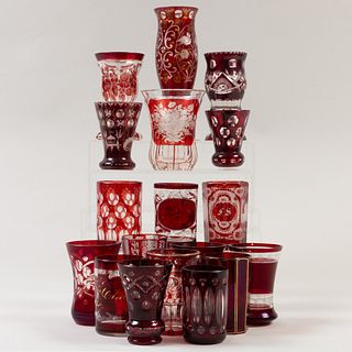 Group of Eighteen Bohemian Cut, Etched and Cased Glasses