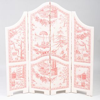 French Toile Upholstered Four Fold Screen