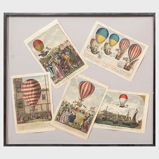 Collage of French Hand-Colored Prints Documenting 18th Century Ballooning Events