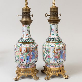 Pair of Gilt-Bronze-Mounted Chinese Export Porcelain Oil Lamps, Now Electrified