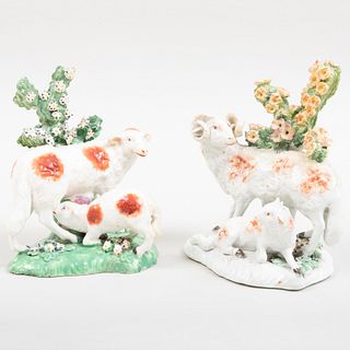 Two Derby Porcelain Bocage Figure Groups of Sheep