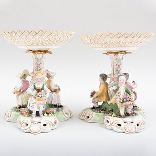 Pair of Stevenson & Hancock Derby Porcelain Reticulated Figural Compotes