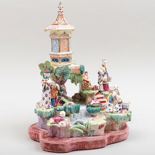 Continental Porcelain Chinoiserie Pagoda and Waterfall Figure Group