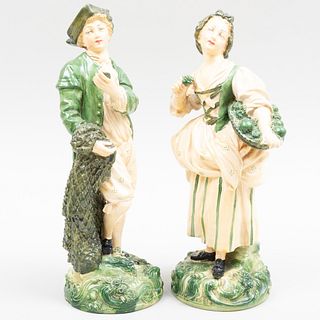 Pair of Glazed Plaster Figures of a Fish Seller and a Fruit Seller