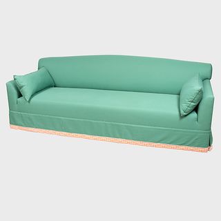 Green Upholstered Sofa with Embroidered Border
