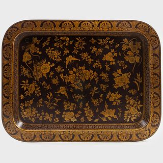 Chinese Export Style Lacquer and Gold Tray with Peonies and Butterflies