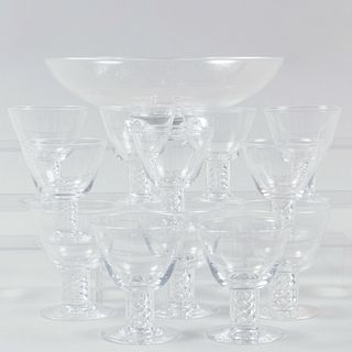 Twelve Steuben Cocktail Glasses with Air Twist Stems and a Fruit Bowl
