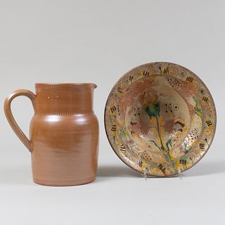 Folk Art Glazed Redware Bowl and French Earthenware Pitcher