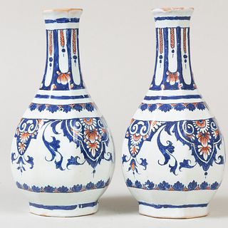 Pair of Continental Faience Faceted Bottle Vases