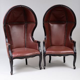 Pair of Modern Ebonized and Leather Porters Chairs
