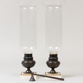 Pair of Glass Photophores with Bronze Bases