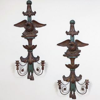 Pair of Federal Style Giltwood and Green Painted Eagle Twin Branch Wall Sconces