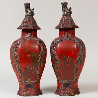Pair of Delft Style Lacquered Pottery Red Ground Jars and Covers