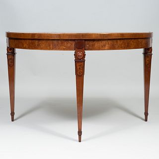Pair of D-Shaped Walnut, Elm and Burlwood Center Table with Parquetry Tops, Modern