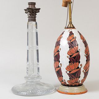 Longwy Style Earthenware Table Lamp and a Cut Glass Columnar Table Lamp