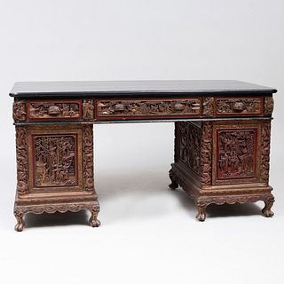 Chinese Ebonized, Painted and Oil Gilded Carved Partner's Desk