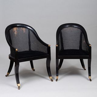 Pair of Regency Style Ebonized and Caned Gondole Chairs