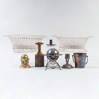 Apsrey & Co. Silver-Gilt Bottle Case, a Christofle Silver Plate Candlestick, and a Pair of Wirework Baskets