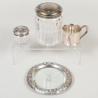 Three Silver Mounted Glass Articles and a Child's Mug