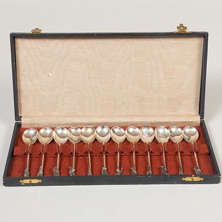 Set of Twelve Dutch Silver Coffee Spoons with Bird Finial