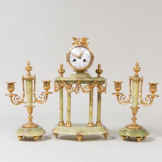 Continental Gilt-Metal-Mounted Marble Three Piece Clock Garniture