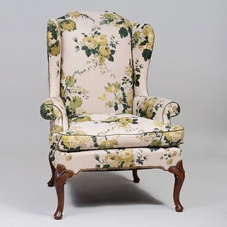 George III Style Linen Chintz Upholstered Wing Chair