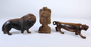 African Animal Carvings and Warrior's Head 1900's