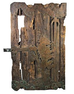 Antique Wooden & Copper Sculpture Door Panel