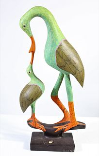 Hand Painted Wooden Haitian Sculpture of Birds