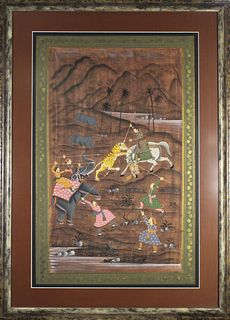 India Gouache on Silk Painting, Mughul Tiger Hunt