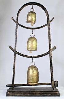 Set of 3 Indian Brass Bells on Stand with Mallet