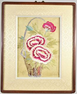 Embroidered Floral Still-Life of Carnations