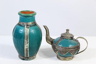 Diminutive Porcelain and Metal Vase & Teapot