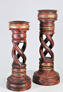 Hand Carved Wooden & Brass Candlesticks